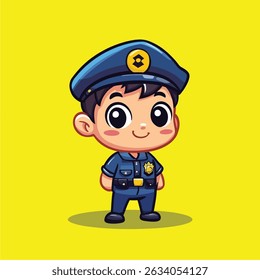 A cute, stylized illustration of a young boy in a police uniform, smiling and standing at attention.