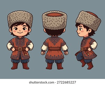 A cute, stylized illustration of a young boy from three different angles, wearing a fur hat and traditional clothing.