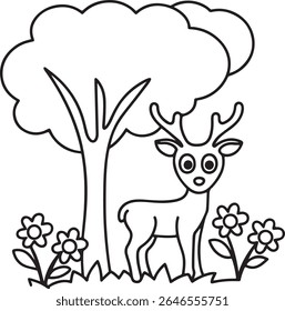 A cute, stylized line drawing of a deer with antlers standing next to a tree with flowers and grass. This illustration is isolated on a white background, perfect for coloring pages or children's desig