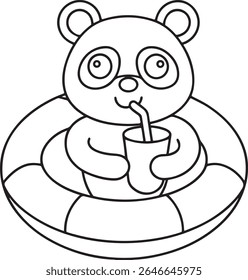 A cute, stylized line drawing of a panda wearing glasses, floating in a life preserver and drinking from a cup with a straw, perfect for coloring pages.