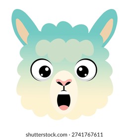 A cute, stylized llama face expresses shock or amazement with its large, round eyes and gaping mouth, set against a soft gradient background