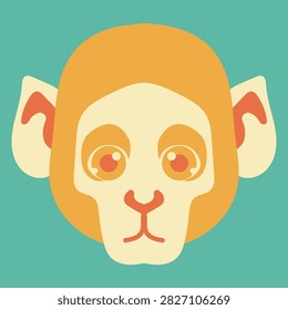 Cute stylized monkey portrait with large expressive eyes and warm orange and beige tones, centered on a turquoise background in a simple colorful vector illustration style.