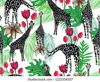 cute stylized monochrome giraffes, pink tulips, orange lily flowers, green tropical leaves, bright summer african seamless vector pattern