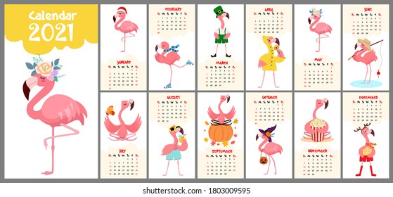 Cute stylized monthly calendar for 2021 with flamingos. Can be used for banner, poster, postcard, postcard and for printing.