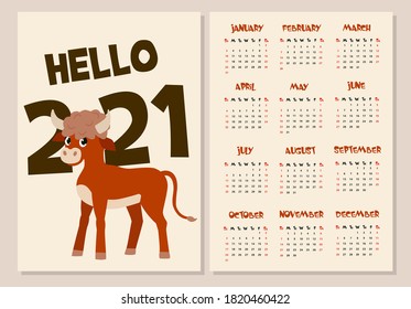 Cute stylized monthly calendar for 2021 with a calf. Can be used for banner, poster, postcard, postcard and for printing.
