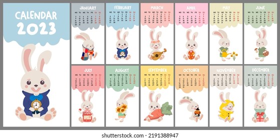 Cute stylized monthly calendar for 2023 with rabbits. Can be used for banner, poster, postcard, postcard and for printing.