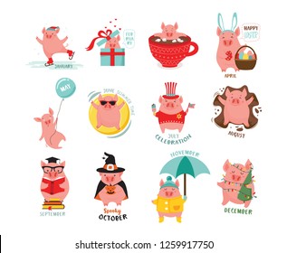 Cute, stylized monthly pigs for a calendar . Can be used for banner, poster, card, postcard and printable. Vector