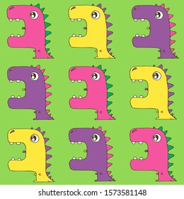 Cute stylized multi-colored dragon drawn by hand on a green light green background line drawing. Little dragon teeth reptile animal vector illustration for children pink purple stock illustration