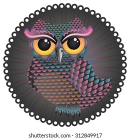 Cute stylized owl of blue and pink color.