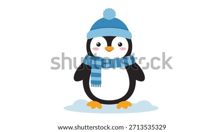 A cute, stylized penguin character dressed in winter attire, featuring a blue bobble hat and a striped scarf, standing on a small patch of snow.