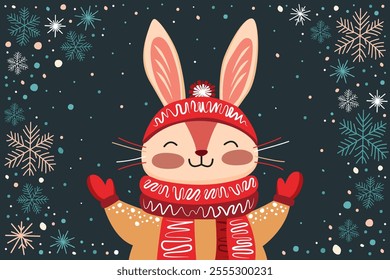 Cute stylized rabbit in winter clothes on a blue background with snowflakes. Cartoon bunny enjoys winter. Winter concept. Vector illustration of a rabbit in a sweater, hat and scarf. Cheerful bunny