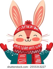 Cute stylized rabbit in winter clothes isolated from background. Cartoon bunny enjoys winter. Winter concept. Vector illustration of a rabbit in a sweater, hat and scarf. Cheerful bunny