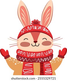 Cute stylized rabbit in winter clothes isolated from background. Cartoon bunny enjoys winter. Winter concept. Vector illustration of a rabbit in a sweater, hat and scarf. Cheerful bunny