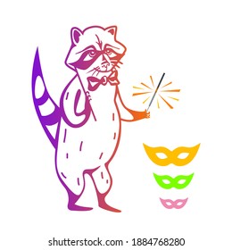 A cute stylized raccoon in a bow tie and a masquerade mask is holding a sparkler. Stock vector illustration.