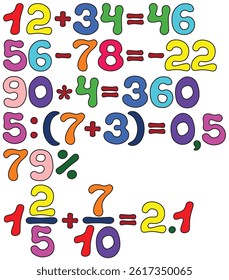 Cute stylized set of colorful numbers, math tasks