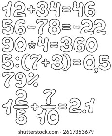 Cute stylized set of white numbers, math tasks