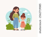 Cute And Stylized Simple Cartoon Illustration of Mom and Daughter Holding Hands In Outdoor Scenery