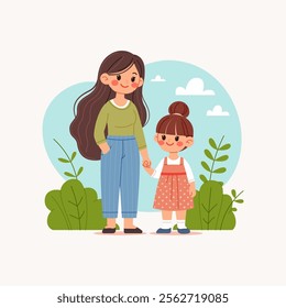 Cute And Stylized Simple Cartoon Illustration of Mom and Daughter Holding Hands In Outdoor Scenery