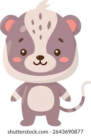 A cute, stylized skunk with a cream and gray color palette, featuring blush cheeks, a striped tail, and a sweet, innocent expression.