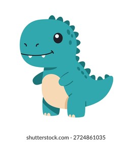 Un lindo y estilizado personaje de dinosaurio verde azulado con un cuerpo redondeado, brazos Pequeños y una larga cola, con un vientre beige y detalles puntiagudos.