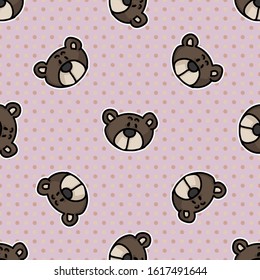 Cute stylized teddy bear plush head seamless vector pattern. Hand drawn kids soft toy on polkda dot background. Cuddly fluffy animal home decor. Love, child, cub all over print. 