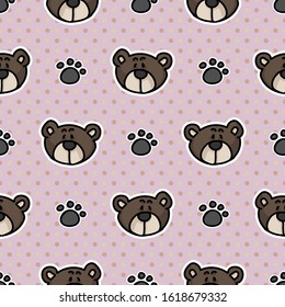 Cute stylized teddy bear plush with paw pad seamless vector pattern. Hand drawn kids soft toy on striped background. Kawaii cuddly fluffy animal home decor. Joy, child, cub all over print. 