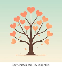 Cute stylized tree with heart shaped leaves falling gently in a pastel background
