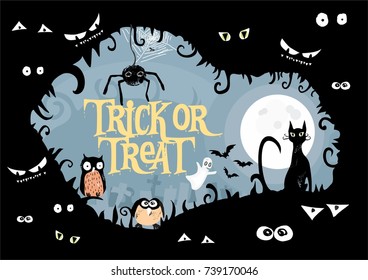 cute, stylized vector Halloween poster with text trick or treat, cat, bat, owl, hat, moon, spooky, cemetery, spider and net. great for Halloween party invitation card, background and other prints