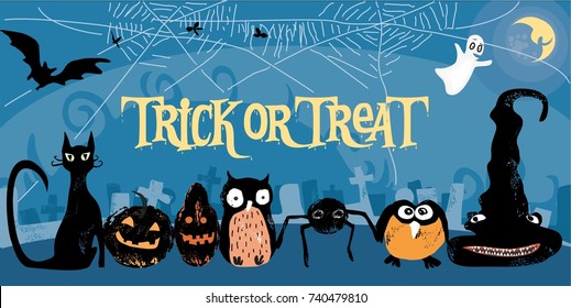 cute, stylized vector Halloween poster with text trick or treat, cat, 
bat, owl, hat, moon, spooky, cemetery, spider and net. great 
for Halloween party invitation card, background and other prints