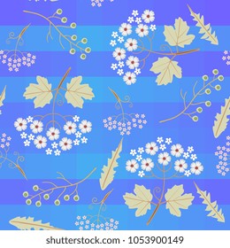 Cute stylized viburnum branches with leaves and inflorescence, umbrella flowers, dandelion leaves and green bird cherry berries on bright blue striped background.  Seamless striped pattern in vector.