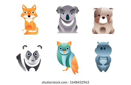 Colección de animales salvajes estilizados, Fox, Dog, Koala, Panda, Owl, Hippo Vector Illustración