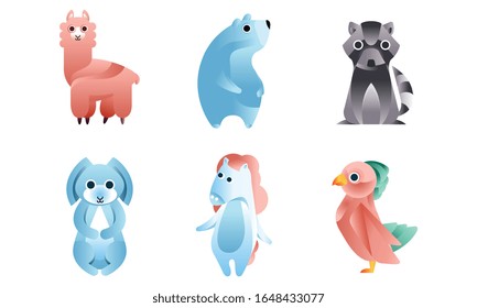 Cute Stylized Wild Animals Collection, Llama, Polar Bear, Raccoon, Hare, Horse, Bird Vector Illustration