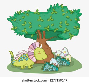 cute styracosaurus with dino eggs and tree