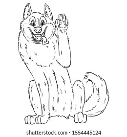 Cute suberian husky waving paw. Illustration of dog in lineart style. Malamute or Laika Dog. Domestic animal or pet in cartoon style