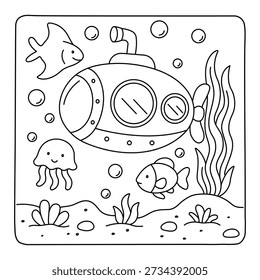 Cute Submarine Underwater Coloring Page