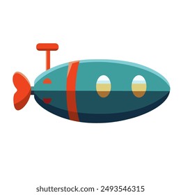 Cute submarine vector illustration, blue red submarine with periscope and porthole, isolated on white background, underwater ship clip art image