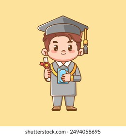 Cute success boy graduation kawaii chibi character mascot illustration outline style design set