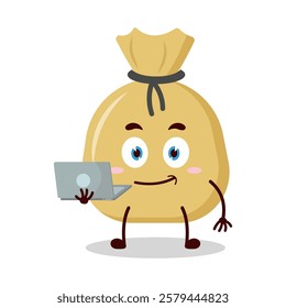 cute success business expression of money bag cartoon character carry laptops
