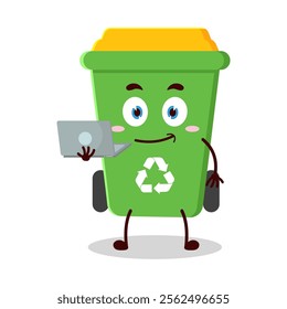 cute success business expression of trash bin cartoon character carry laptops
