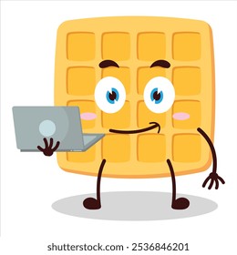 cute success business expression of waffle carry laptops cartoon character