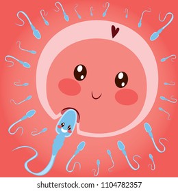 Cute success winner sperm character entering happy egg cell in love