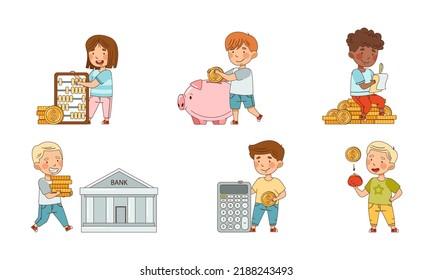 Cute Successful Business Kids Set. Rich Little Children Earning Money Vector Illustration