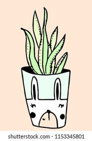 Cute succulent, aloe  plant with happy cute bunny face cups.  Best for posters, ready illustrations.
