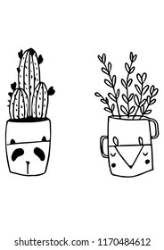 Cute succulent, aloe plant with happy cute panda and fox face cups. Best for posters, ready illustrations.