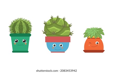 Cute Succulent Cactus or Cacti Plant Growing in Smiling Flowerpot Character Vector Set