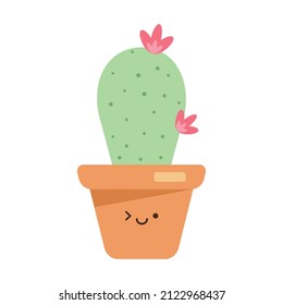 Cute succulent or cactus with happy kawaii face vector illustration.  Kawaii character on isolated white background.