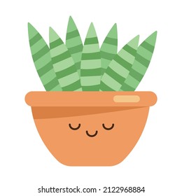 Cute succulent or cactus with happy kawaii face vector illustration.  Kawaii character on isolated white background.