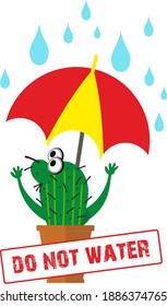 Cute succulent or cactus plant in ceramic pot with umbrella, watering flowers concept
