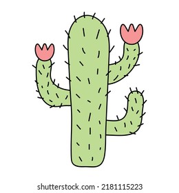 Cute succulent or cactus plant with flowers. Vector doodle illustration.