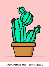 Cute succulent or cactus plant with happy face vector illustration.Bright colors. Funny face.